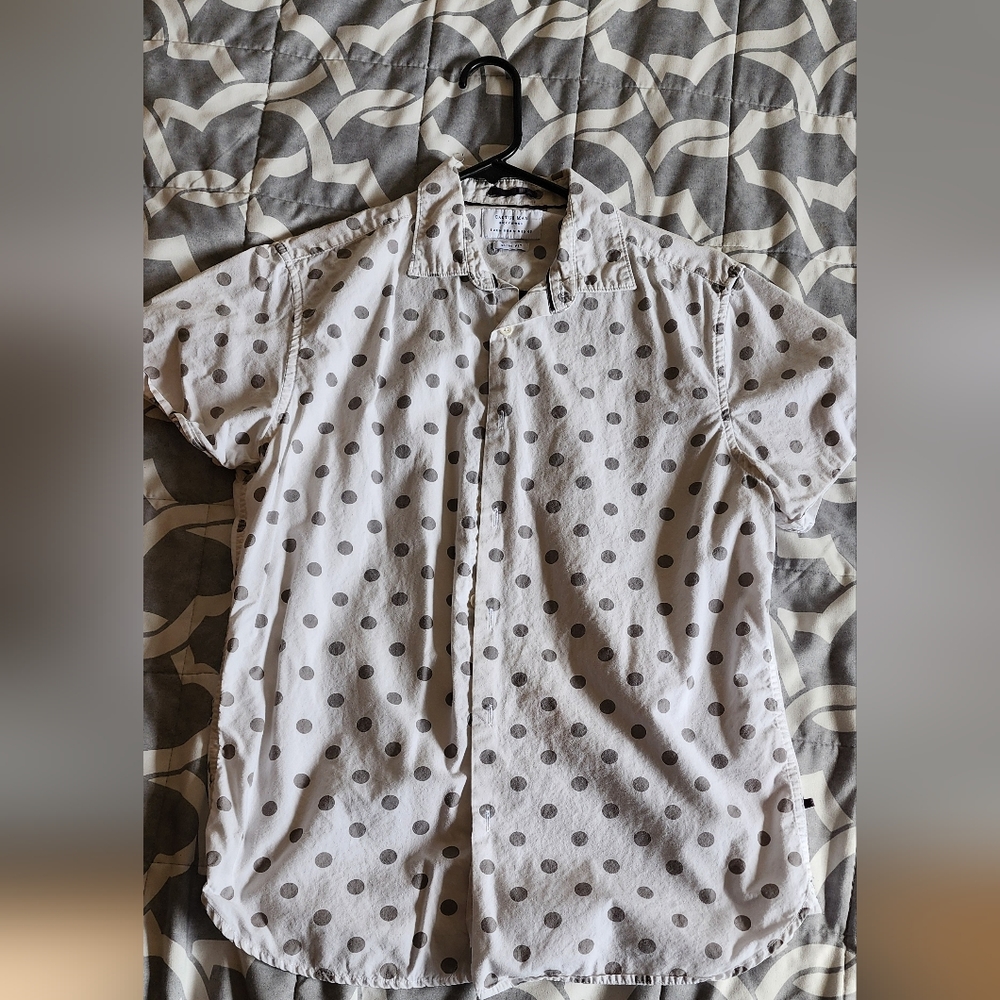 White shirt with gray polka dots medium